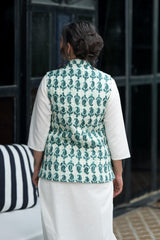 Teal Blue on White Half Sleeves Quilted Jacket (6849074790499)