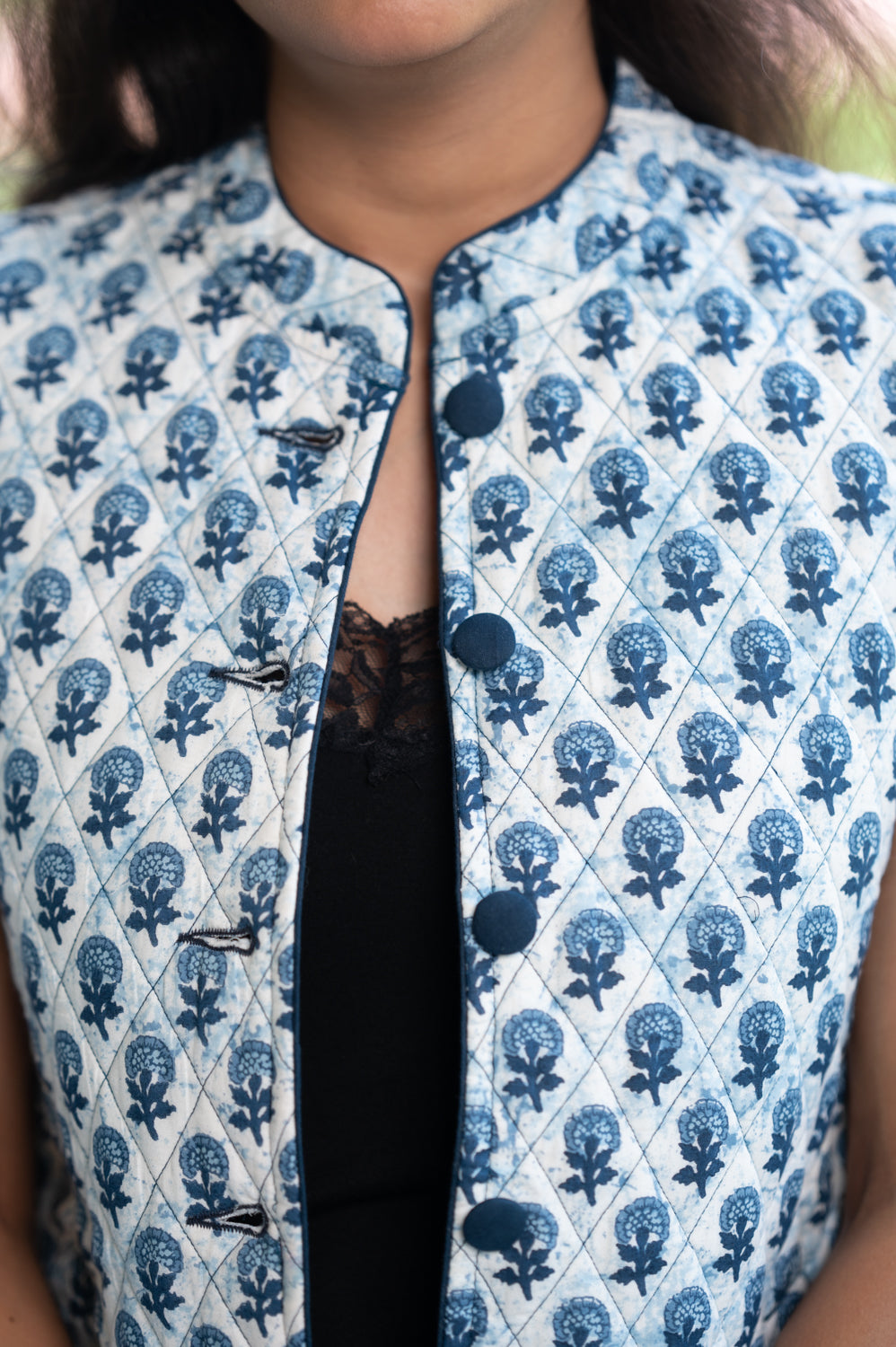 Indigo Quilted Short Sleeveless Jacket (6840076173411)
