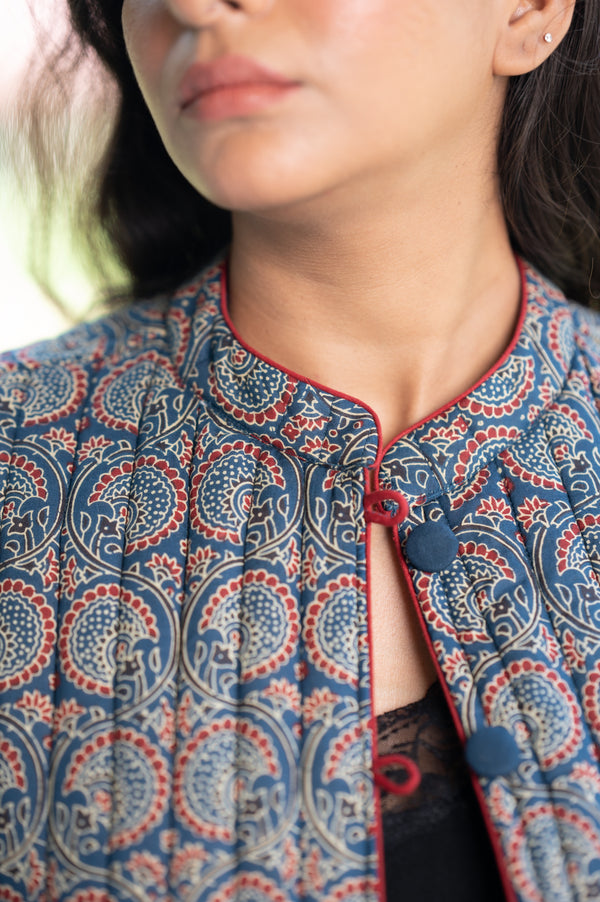 Indigo Ajrakh Asymmetrical Short Sleeveless Jacket (6840076206179)