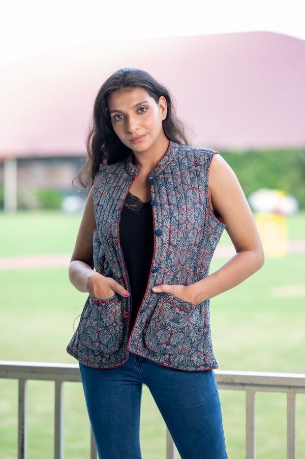 Indigo Ajrakh Asymmetrical Short Sleeveless Jacket (6840076206179)