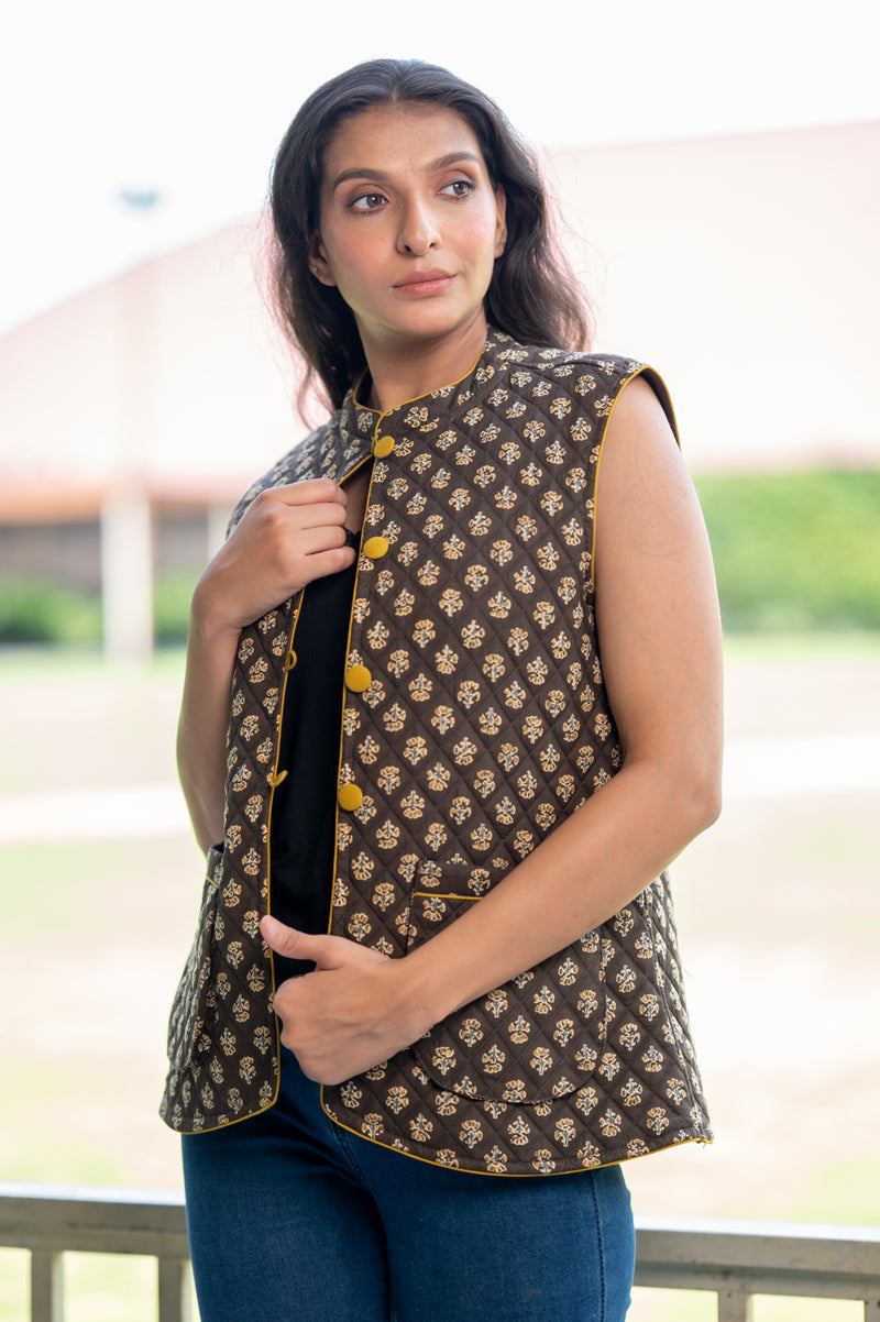 Brown Hand Block Printed Cotton Quilted Sleeveless Jacket (6840076238947)