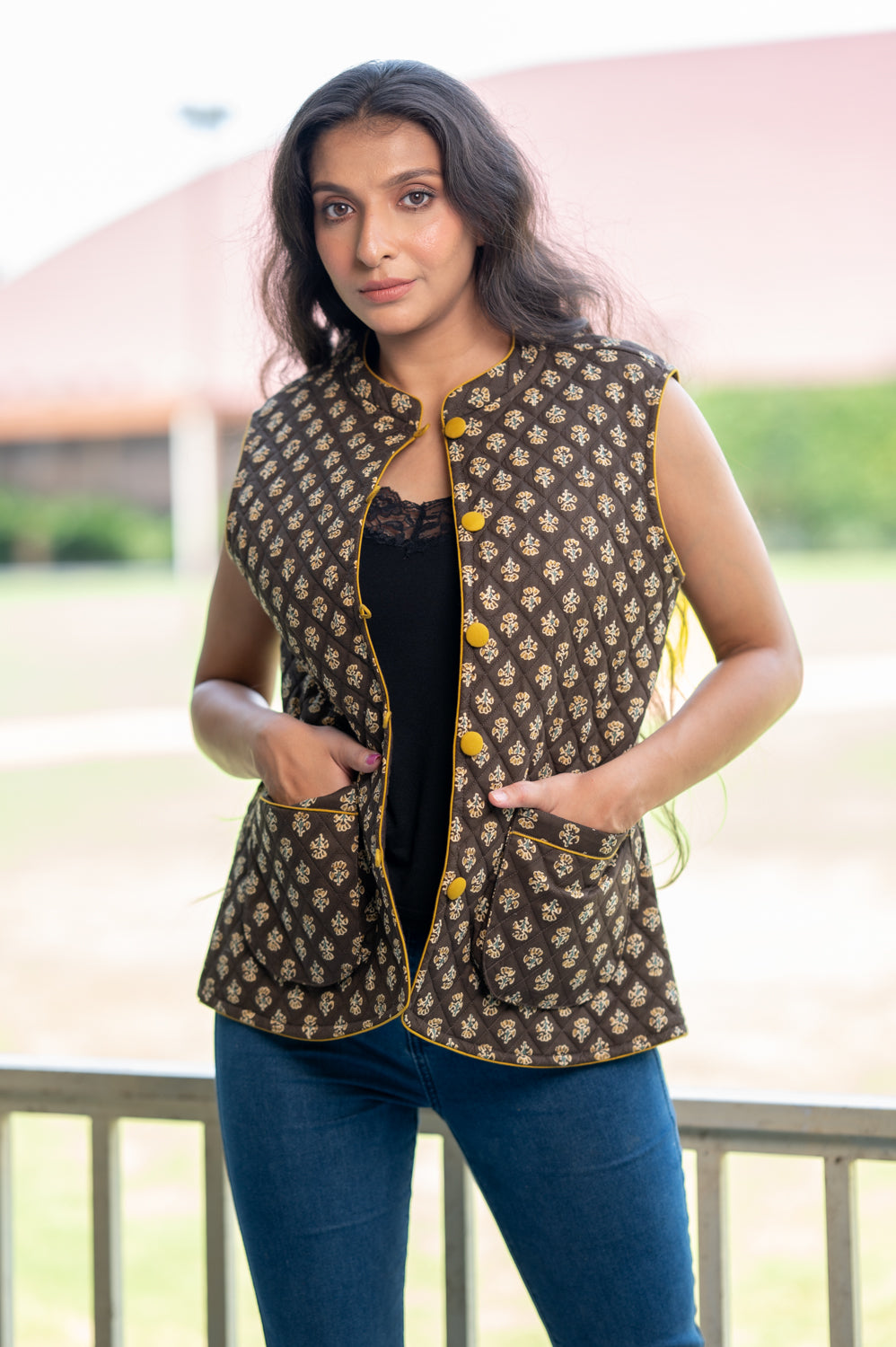 Brown Hand Block Printed Cotton Quilted Sleeveless Jacket (6840076238947)