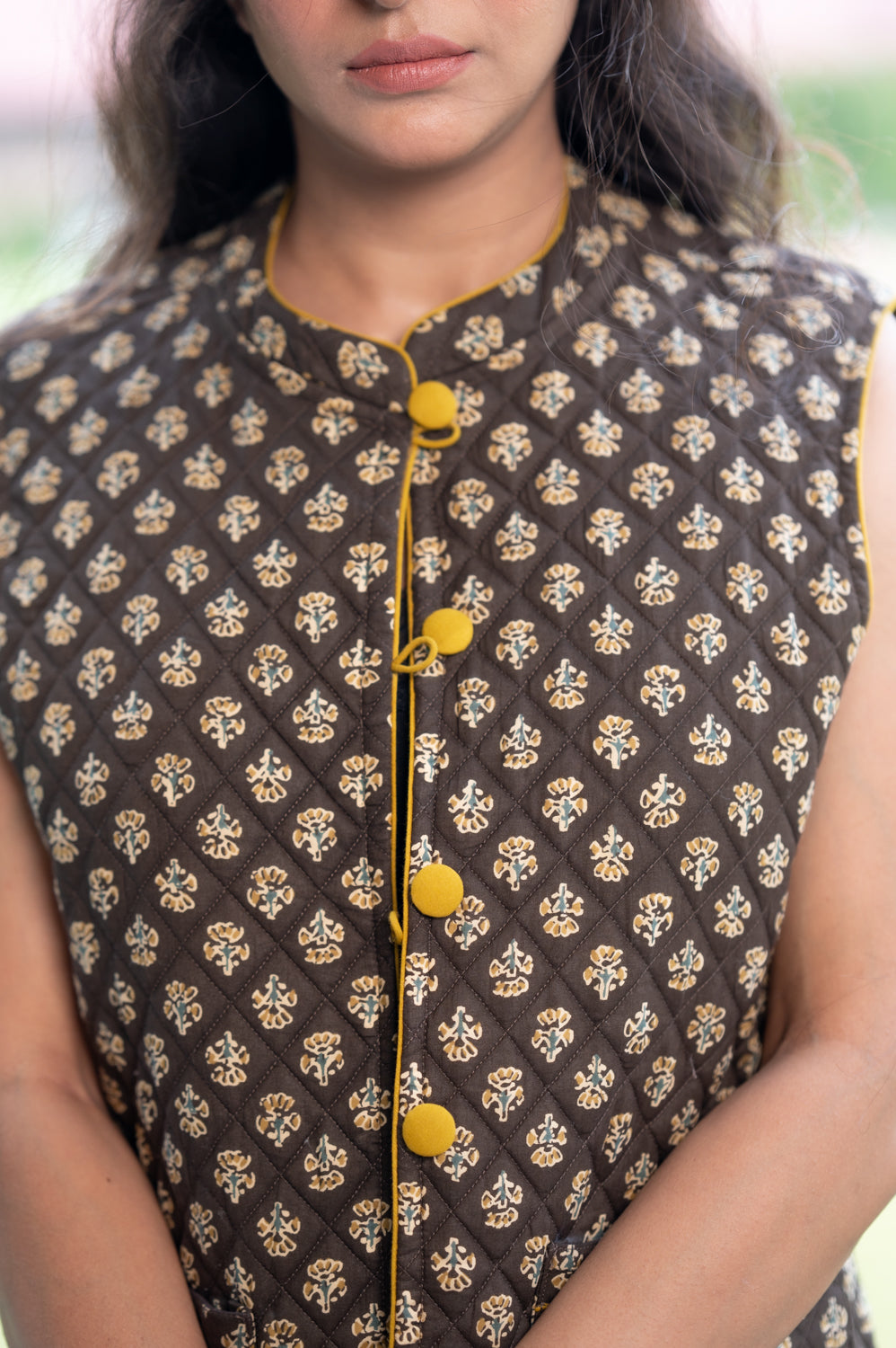 Brown Hand Block Printed Cotton Quilted Sleeveless Jacket (6840076238947)