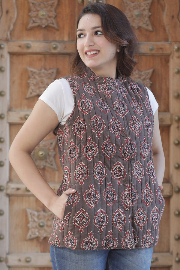 Red Booti on Brown Quilted Sleeveless Jacket