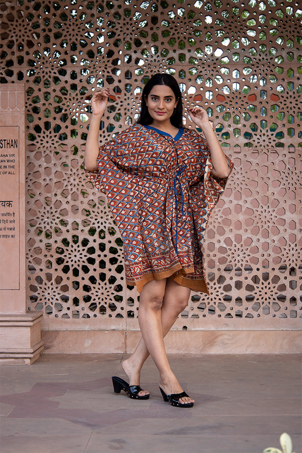 Cotton Short Kaftan Red Brown Booti Bagru Block Print (6668722700387)