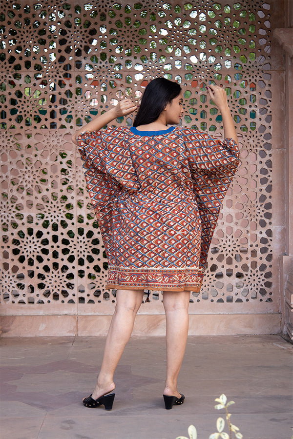 Cotton Short Kaftan Red Brown Booti Bagru Block Print 1 (6668722700387)