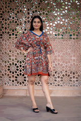 Cotton Short Kaftan Beige Red Floral Bagru Block Print (6668722733155)