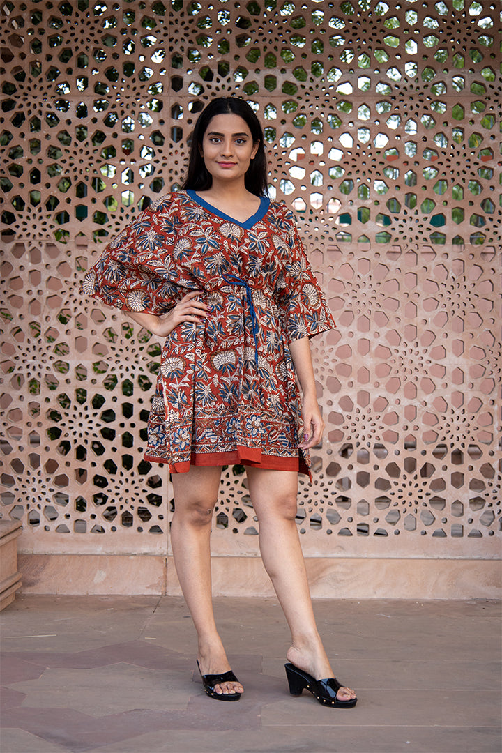 Cotton Short Kaftan Beige Red Floral Bagru Block Print (6668722733155)