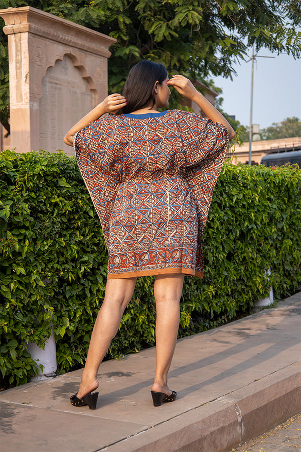 Cotton Short Kaftan Red Blue Geometric Bagru Block Print 1 (6668722765923)