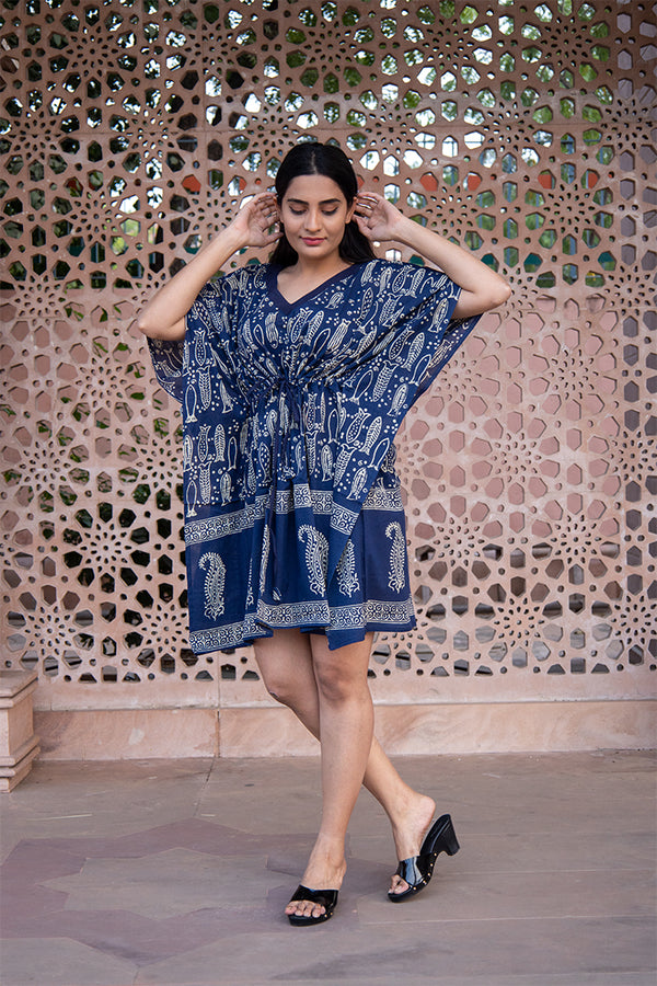 Cotton Short Kaftan Indigo Fish Dabu Block Print (6668722831459)