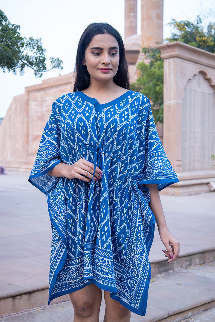 Cotton Short Kaftan Blue Geometric Dabu Block Print 2 (6668722864227)