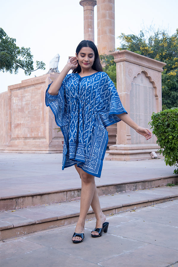 Cotton Short Kaftan Blue Geometric Dabu Block Print (6668722864227)
