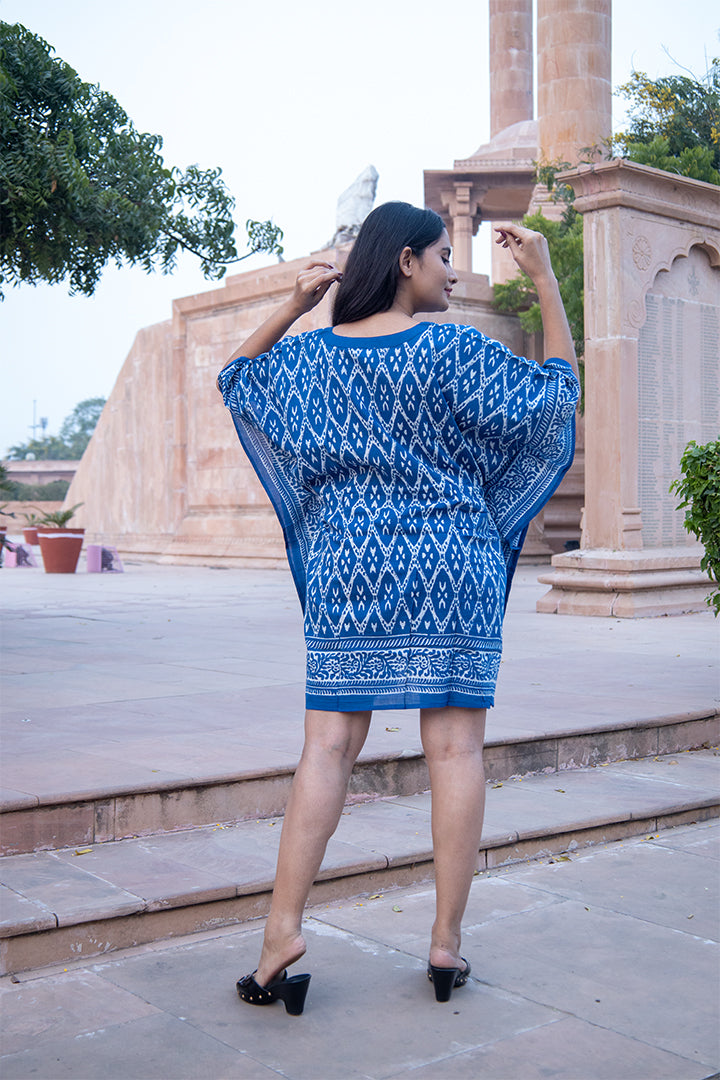 Cotton Short Kaftan Blue Geometric Dabu Block Print 1 (6668722864227)