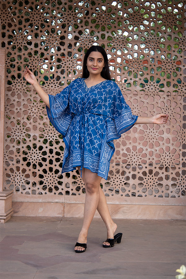 Cotton Short Kaftan Blue Jaali Dabu Block Print (6668722896995)