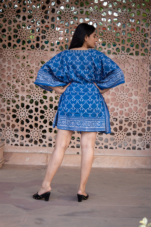 Cotton Short Kaftan Blue Jaali Dabu Block Print 1 (6668722896995)