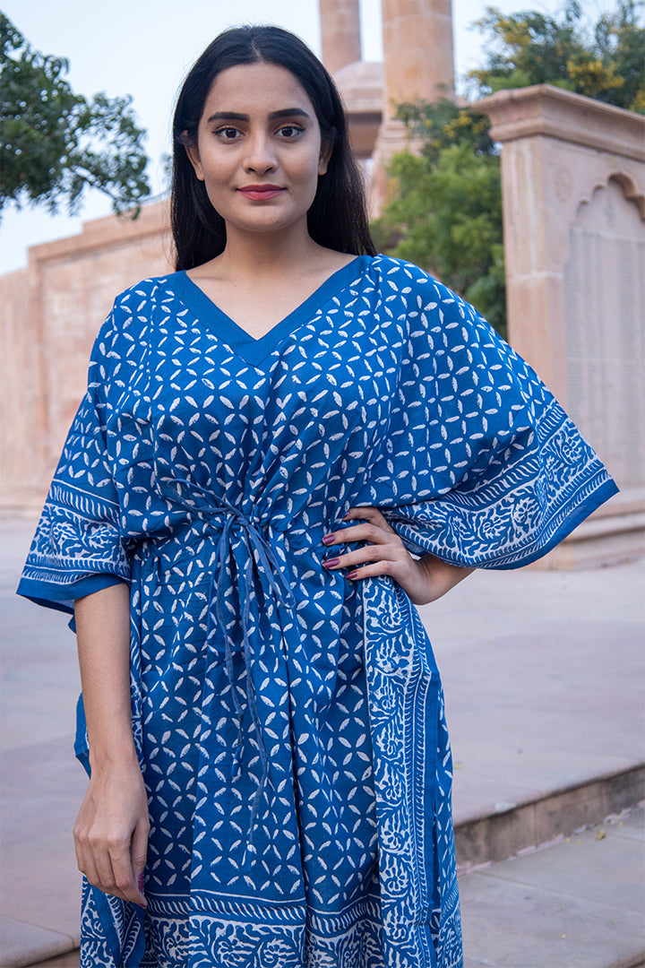 Cotton Short Kaftan Blue Jaali Dabu Block Print 2 (6668722929763)