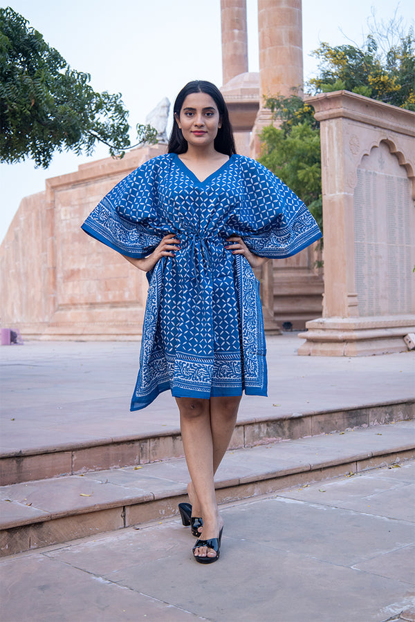 Cotton Short Kaftan Blue Jaali Dabu Block Print (6668722929763)