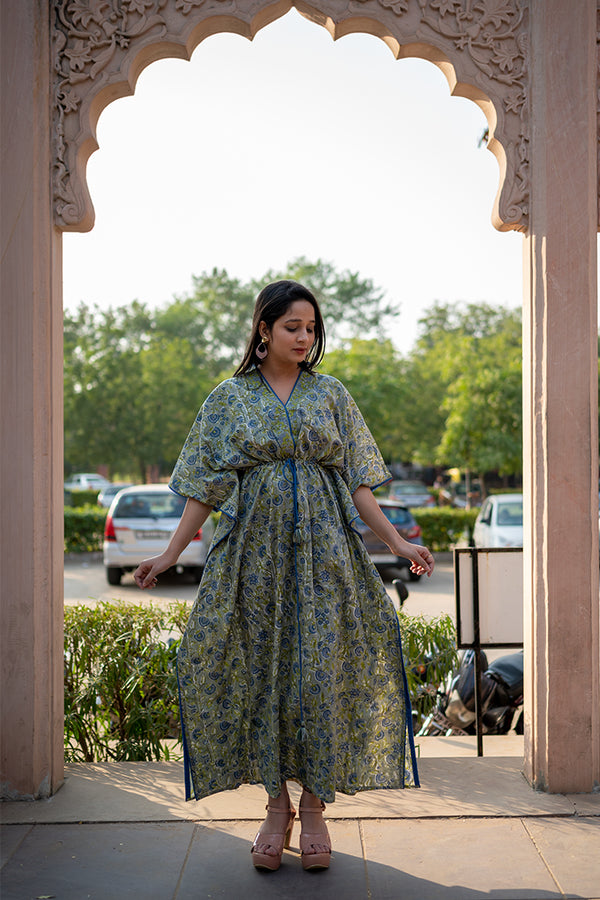 Cotton Long Kaftan Blue Green Floral Jaal Block Print (6665692872803)