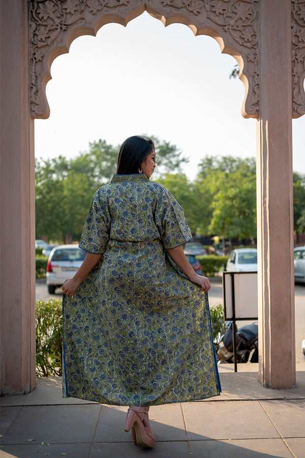 Cotton Long Kaftan Blue Green Floral Jaal Block Print 2 (6665692872803)