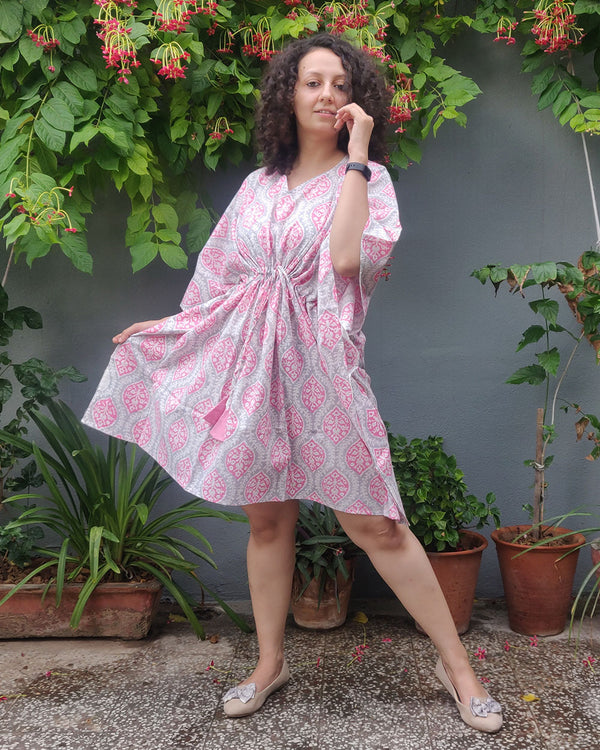 Cotton Short Kaftan Pink Grey Jaal Block Print (6665692905571)