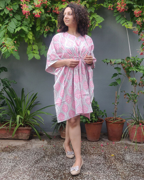 Cotton Short Kaftan Pink Grey Jaal Block Print 1 (6665692905571)