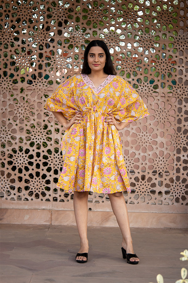 Cotton Short Kaftan Yellow Pink Floral Jaal Block Print (6668722995299)