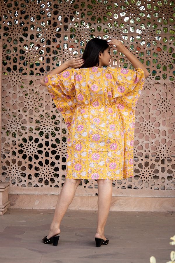 Cotton Short Kaftan Yellow Pink Floral Jaal Block Print 1 (6668722995299)