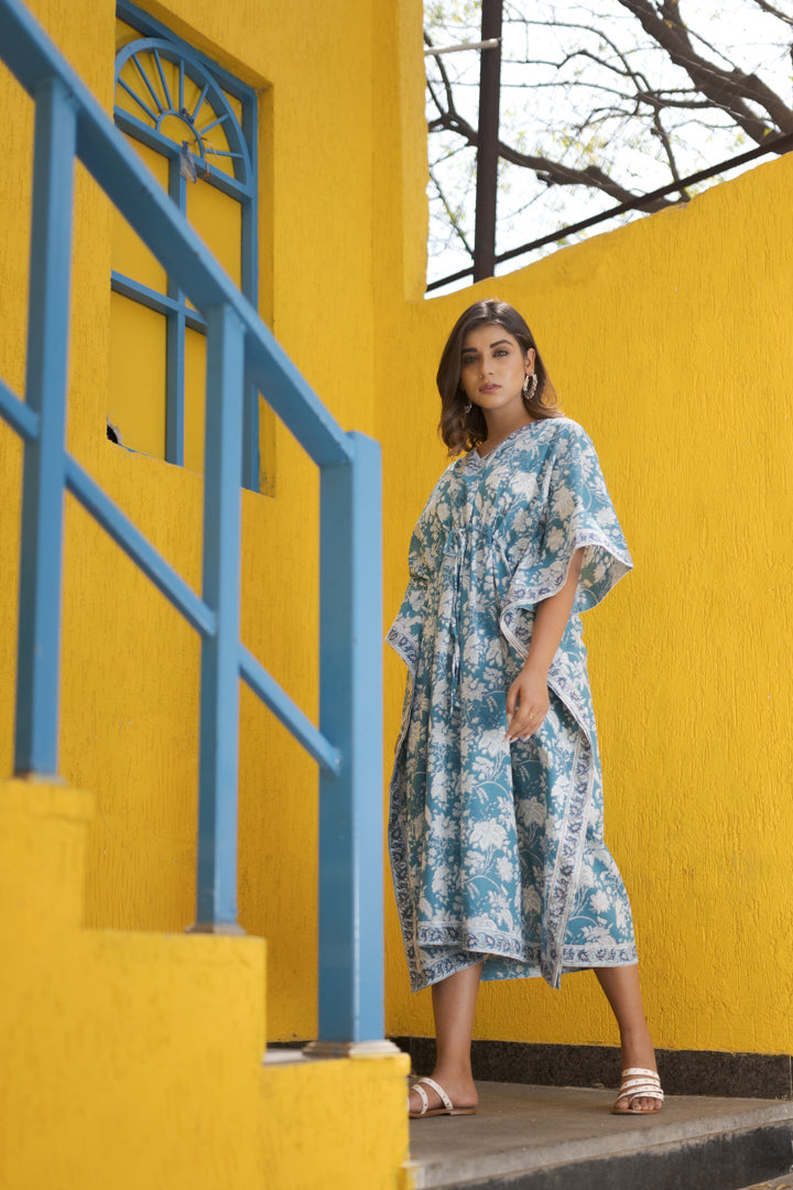 Cotton Ankle Kaftan Light Blue Baagh Block Print (6668723093603)