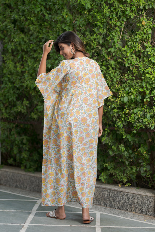 Cotton Long Kaftan Yellow Pink Floral Block Print 1 (6735461580899)