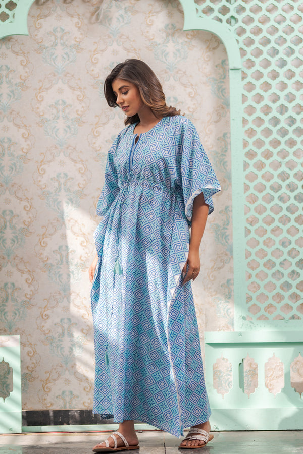 Cotton Long Kaftan Blue Green Geometric Block Print (6735461679203)