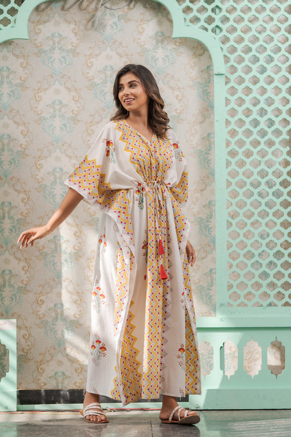 Cotton Long Kaftan Mustard Red Leheriya Block Print (6735461777507)