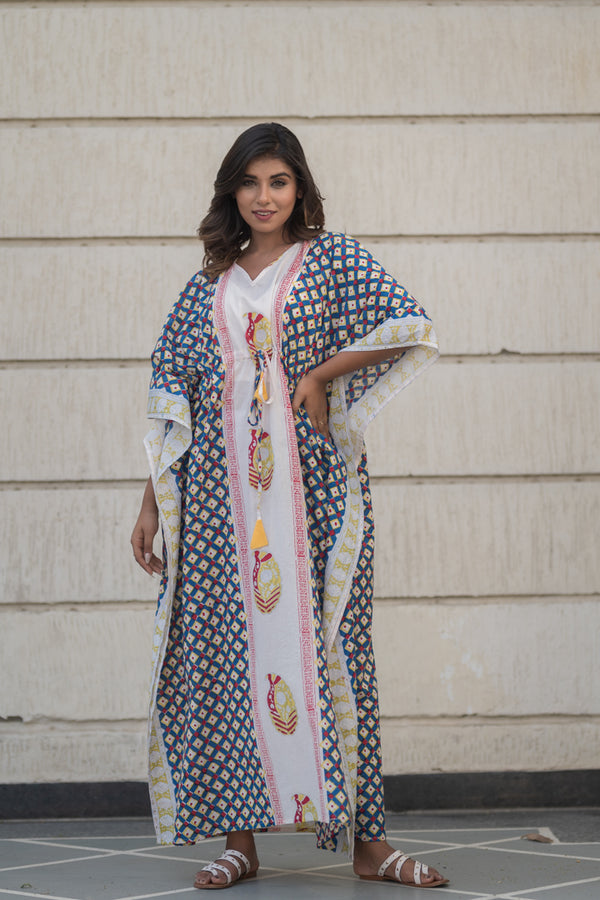 Cotton Long Kaftan Blue Red Geometric Block Print (6735461810275)