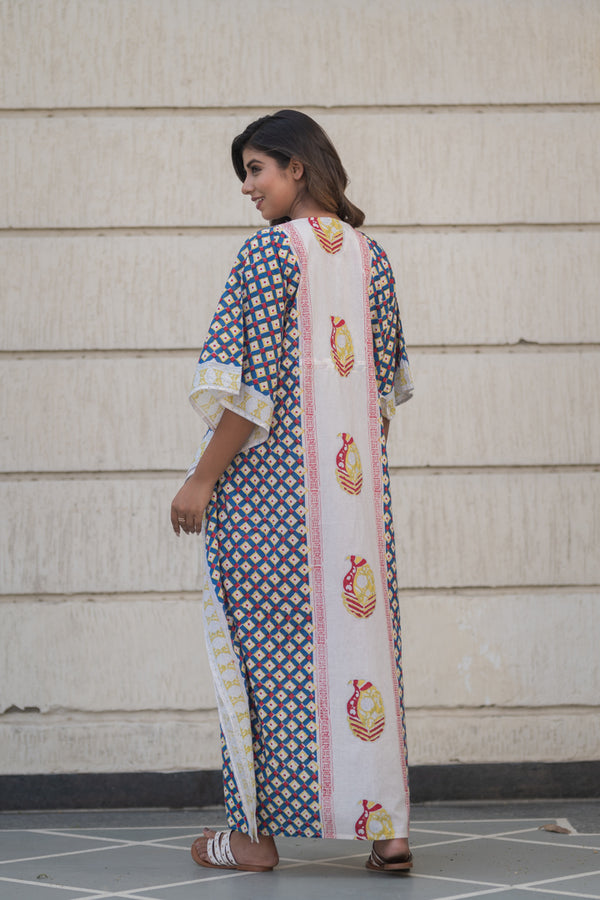 Cotton Long Kaftan Blue Red Geometric Block Print 1 (6735461810275)