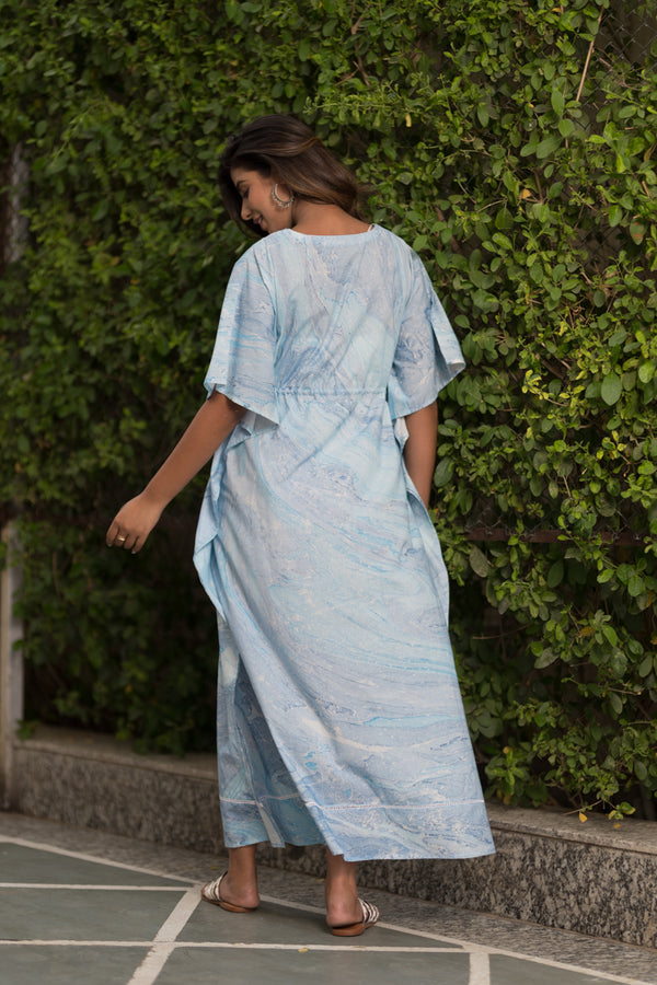 Cotton Long Kaftan Aqua Blue Marble Print 1 (6735461843043)