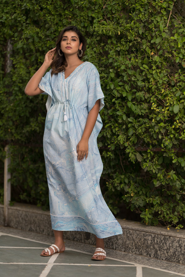 Cotton Long Kaftan Aqua Blue Marble Print (6735461843043)