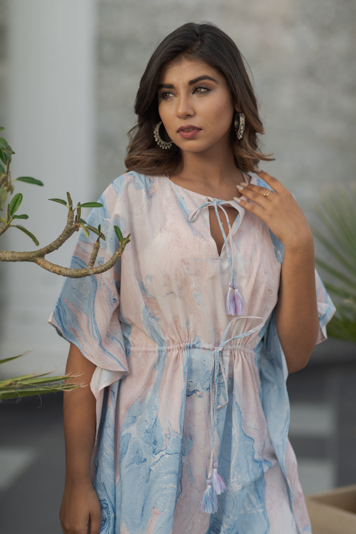 Cotton Long Kaftan Pink Blue Marble Print 1 (6735461875811)