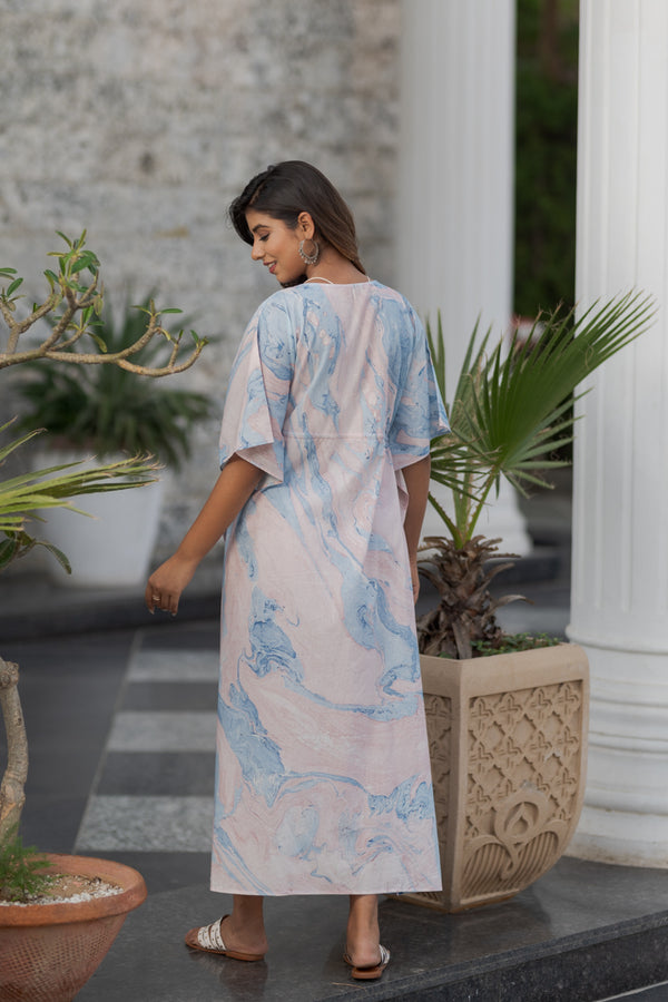 Cotton Long Kaftan Pink Blue Marble Print 2 (6735461875811)