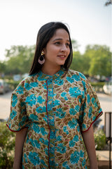Cotton Short Kaftan Turquoise Brown Floral Block Print 2 (6665693036643)