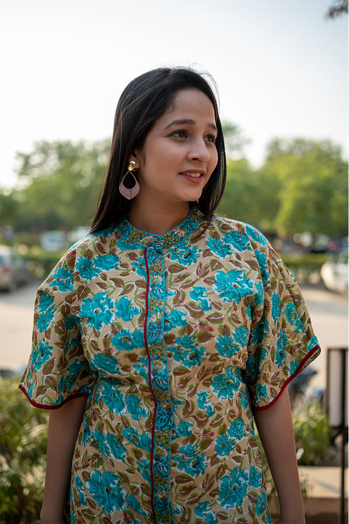 Cotton Short Kaftan Turquoise Brown Floral Block Print 2 (6665693036643)