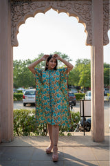 Cotton Short Kaftan Turquoise Brown Floral Block Print (6665693036643)