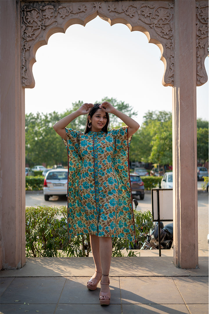 Cotton Short Kaftan Turquoise Brown Floral Block Print (6665693036643)