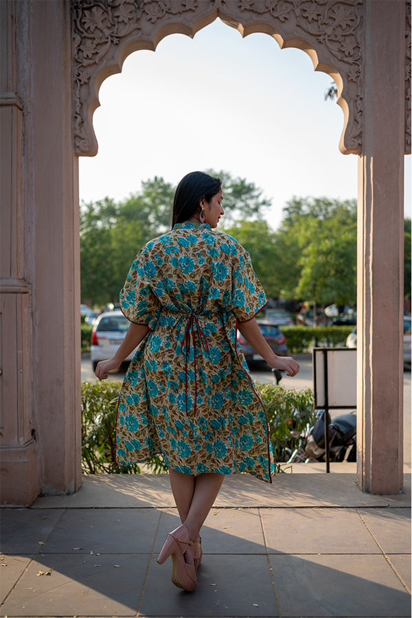 Cotton Short Kaftan Turquoise Brown Floral Block Print 1 (6665693036643)