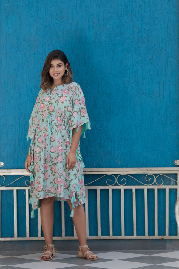 Cotton Short Kaftan Aqua Blue Floral Print (6665693102179)