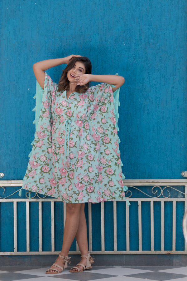 Cotton Short Kaftan Aqua Blue Floral Print 1 (6665693102179)