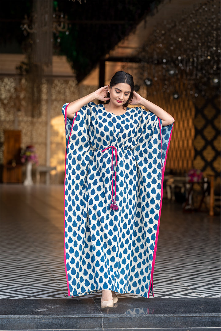 Droplet indigo cotton Dabu Print long kaftan 1 (6643782287459)