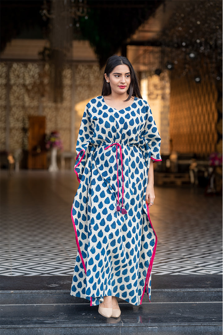 Droplet indigo cotton Dabu Print long kaftan (6643782287459)
