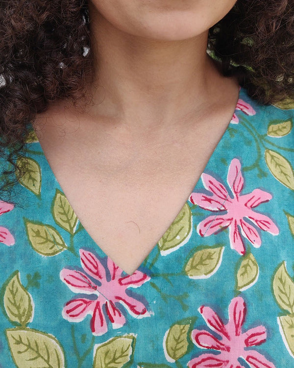 Cotton Long Kaftan Green Pink Floral Block Print 1 (6643782320227)
