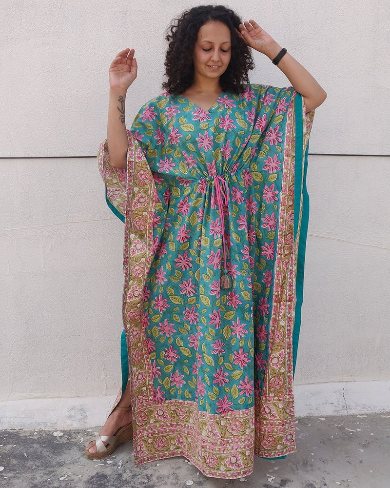 Cotton Long Kaftan Green Pink Floral Block Print (6643782320227)
