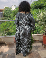 Rayon Long Kaftan Grey White Shibori Print With Boat Neck 2 (6546375934051)