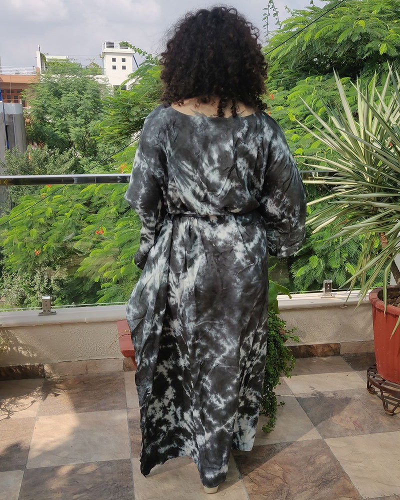 Rayon Long Kaftan Grey White Shibori Print With Boat Neck 2 (6546375934051)